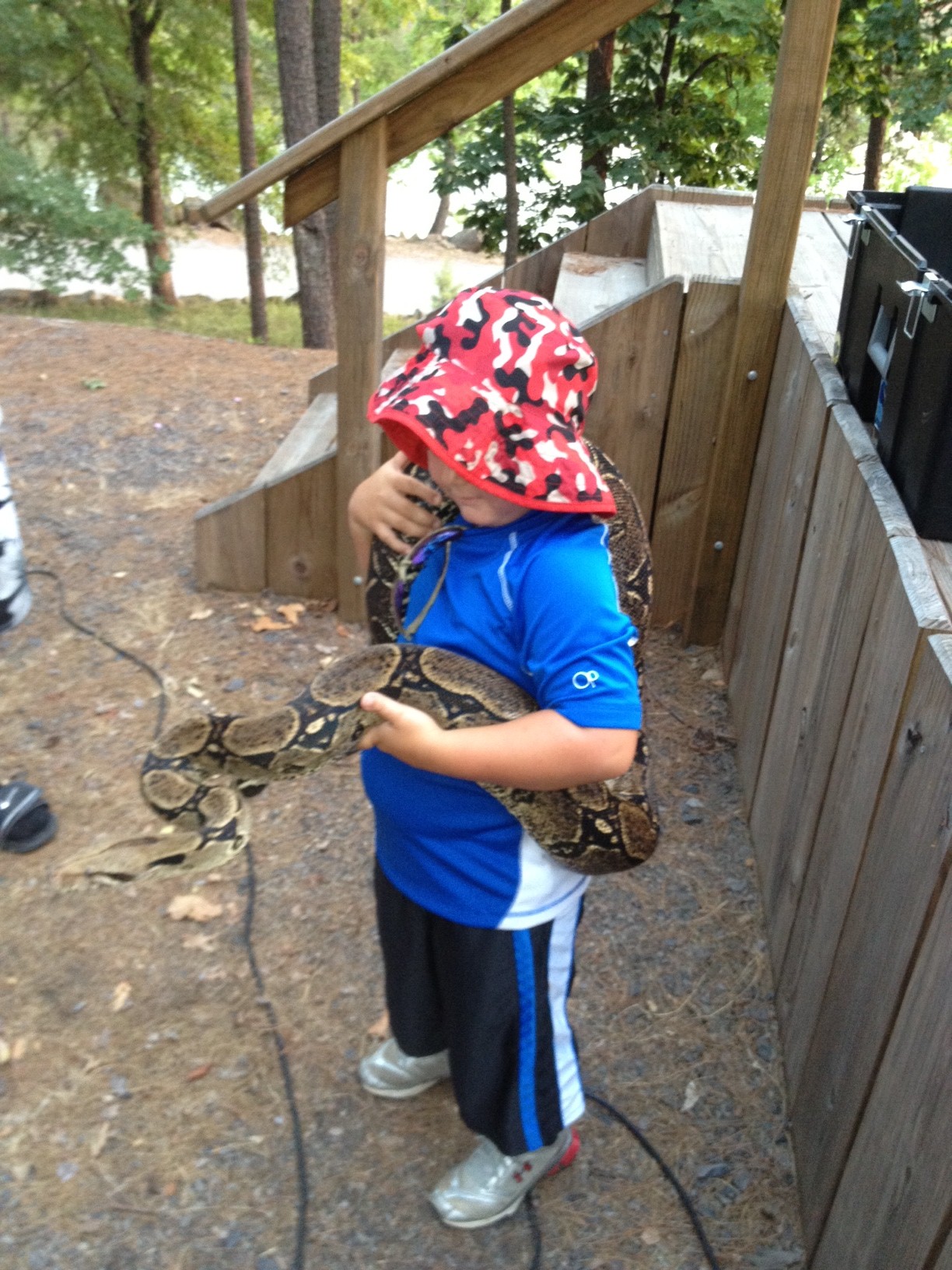 Visitor holding a snake at a program held at the Quarry Cove Park amphitheater.