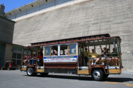 Trolley parked in front of Table Rock Dam