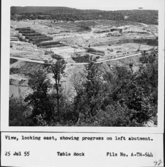 Table Rock Dam construction progress on left abutment, July 25, 1955