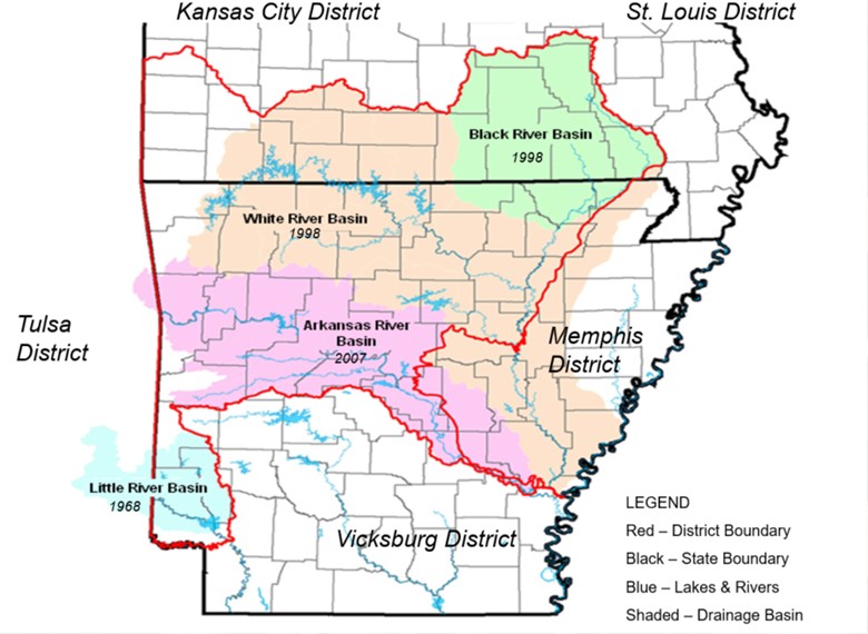map of the USACE districts in Arkansas
